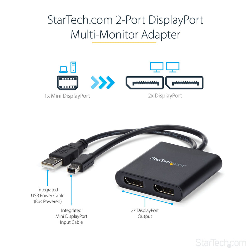StarTech.com Mini DisplayPort MST Hub - Mini DisplayPort to DisplayPort Multi Monitor Splitter - MST Hub mDP 1.2 to 2x DP (MSTMDP122DP) Black 2x DisplayPort