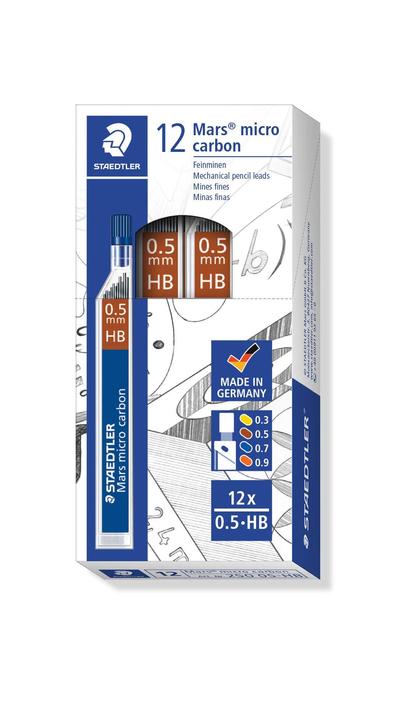 Staedtler Micro Mars Carbon Mechanical Pencil Lead, 0.5mm, HB, 60mm x 12 (250 05 HB)