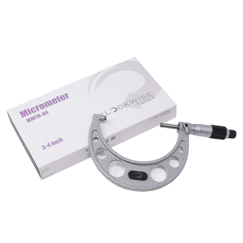 Clockwise Tools MMTR-04 Premium Outside Micrometer with Carbide Tip 3-4" Measuring Range 0.0001" Graduation Precision Machinist Tool 3-4"