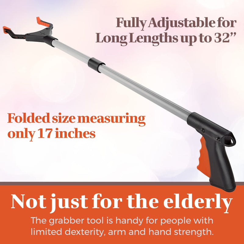 Reacher Grabber Tool - 32-Inch-Long Folding Picker Upper Gripping Device - Lightweight 90° Rotation Claw Extendable Arm Reach, Indoor and Outdoor Elderly Reaching Mobility Aid and Trash Grabber Tool