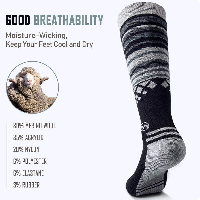 Ski Socks 2-Pack Merino Wool, Over The Calf (OTC) Non-Slip Cuff for Men & Women Black Medium