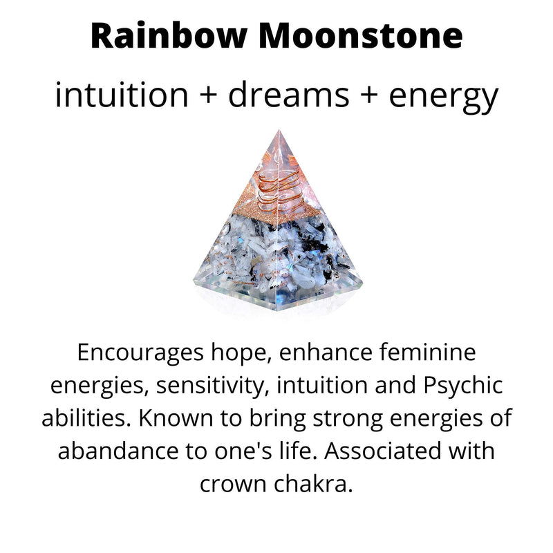 New Inspirational Orgonite Pyramid for Success | Rainbow Moonstone Orgone Pyramid for Anti-stress - Calmness – Growth – Strength – Healing Crystal Gemstone Pyramid