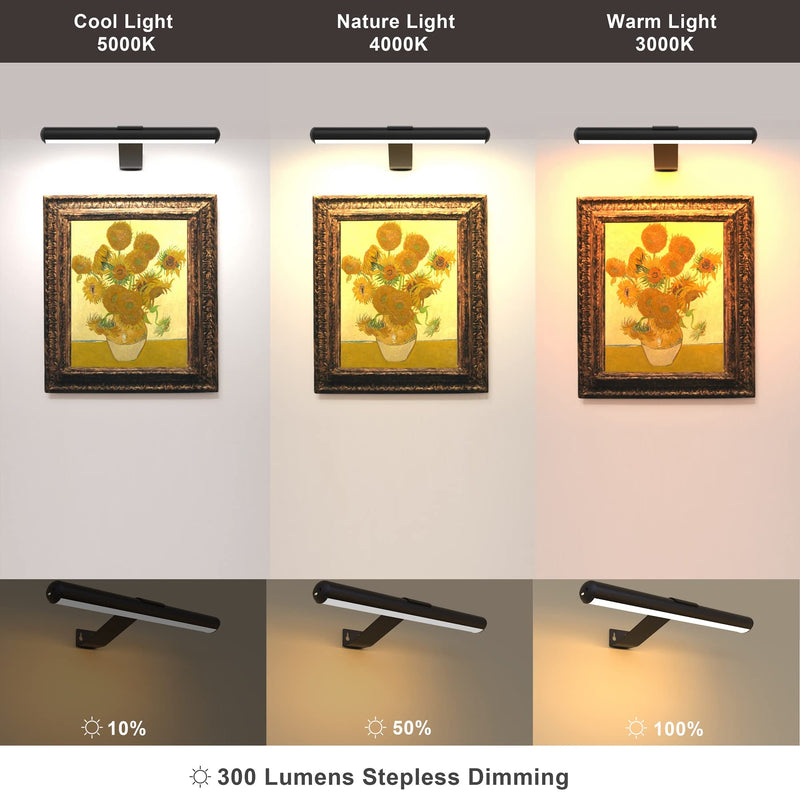 Arixinks Rechargeable Picture Light Battery Operated, Painting Light Wireless with Remote Control 3 Lighting ,Art Light Display Lamp 300LM Dimmable and Timer Set, Full Metal Light for Picture Painting Black