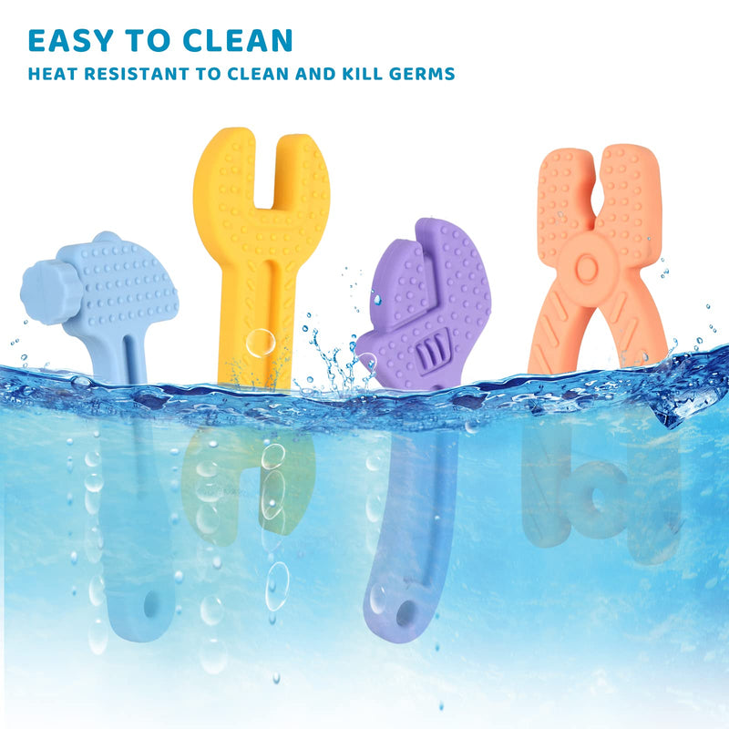 Fu Store 4 Pack Soft Silicone Teething Toys for Toddlers Infant Hammer Wrench Spanner Pliers Tools Shape Baby Teethers Relief Soothe Babies Gums Set (Hammer Set) 4 Pack Hammer Set