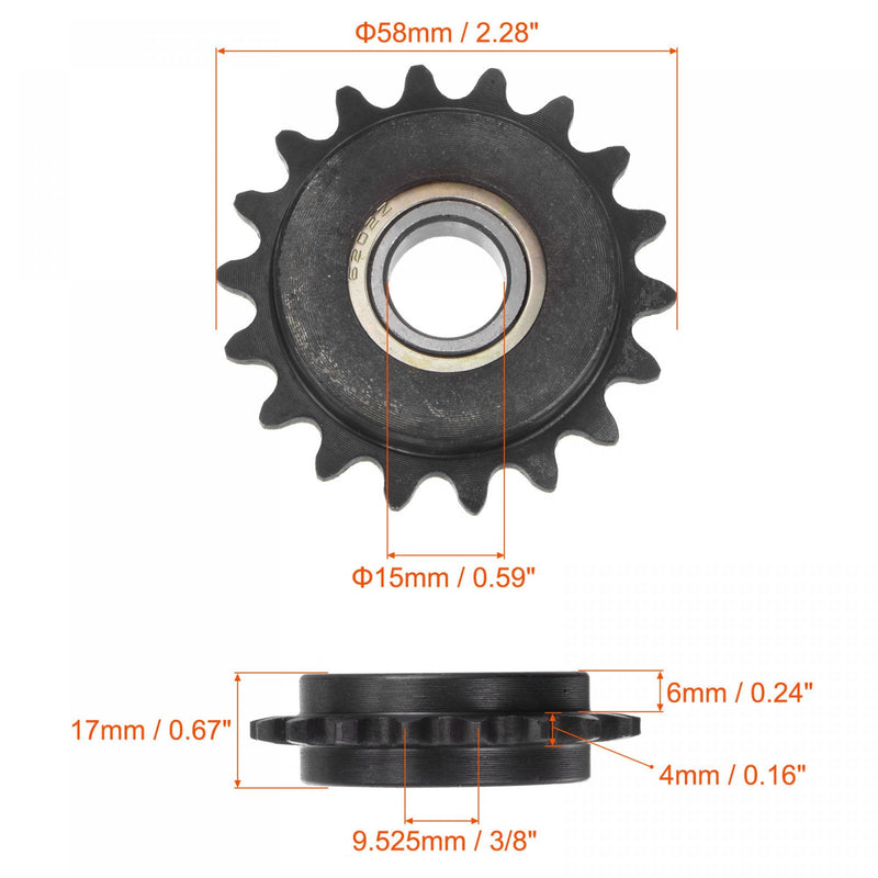 uxcell #35 Chain Idler Sprocket, 15mm Bore 3/8" Pitch 18 Tooth Tensioner, Black Oxide Finished C45 Carbon Steel with Insert Single Bearing for ISO 06C Chains