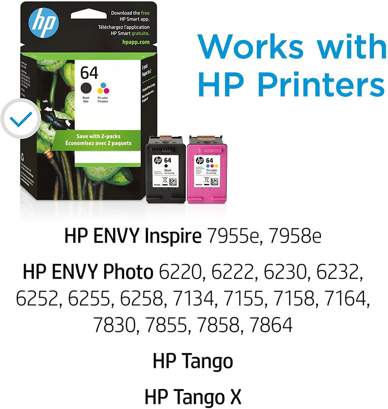 Original HP 64 Black/Tri-color Ink Cartridges (2-pack) | Works with HP ENVY Inspire 7950e; ENVY Photo 6200, 7100, 7800; Tango Series | Eligible for Instant Ink | X4D92AN