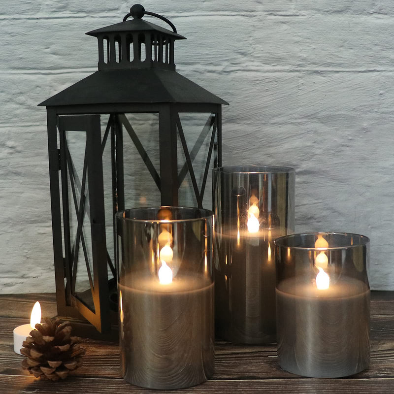 GenSwin Gray Glass Battery Operated Flameless Led Candles with 10-Key Remote and Timer, Real Wax Candles Warm White Flickering Light for Home Decoration(Set of 3) A-gray