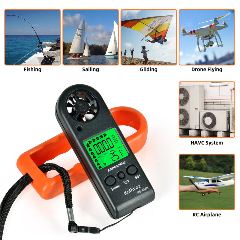 Mini Wind Gauge Digital Wind Meter, Kethvoz Handheld Anemometer Measure Air Flow Speed 0.3~30m/s, Wind Gauge with Thermometer for Windsurfing Kite Drone Flying Sailing Surfing KE-816B