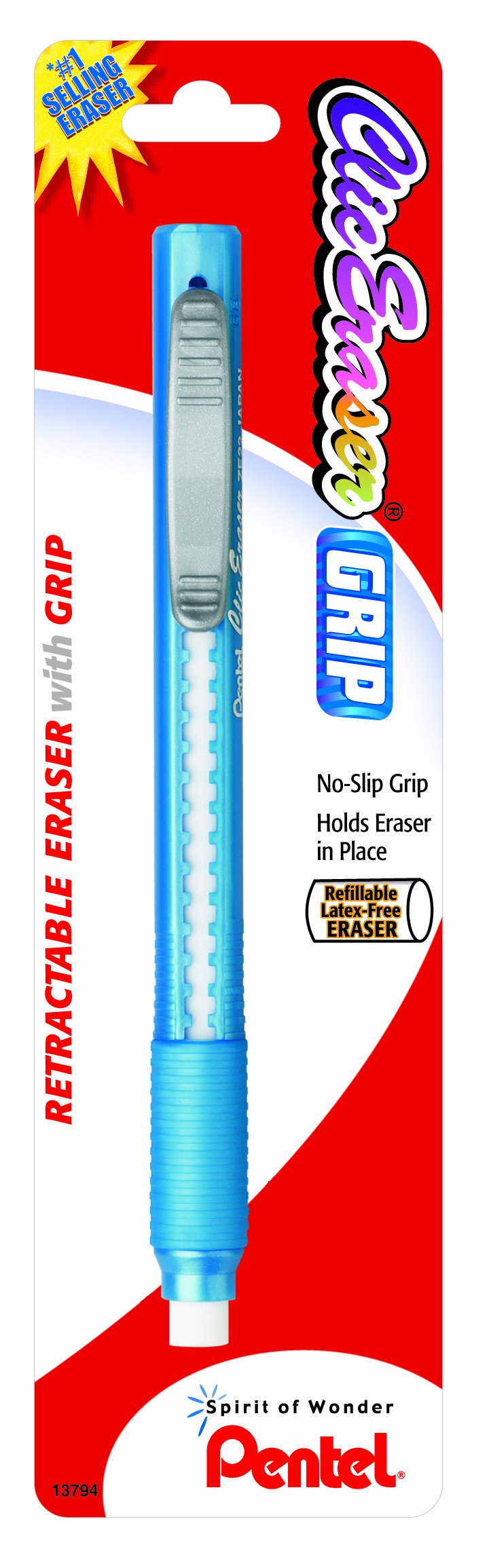 Pentel Clic Eraser Grip Retractable Eraser with Grip, Assorted Barrels, 1 Pack (ZE21TBP) (ZE21TBP)