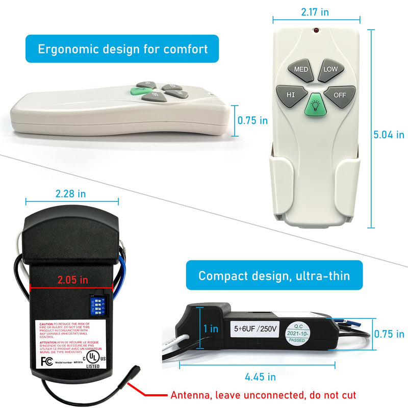 YukiHalu Universal Ceiling Fan Remote Control Kit, 3 Fan Speeds and Light Dimmer, UL Listed