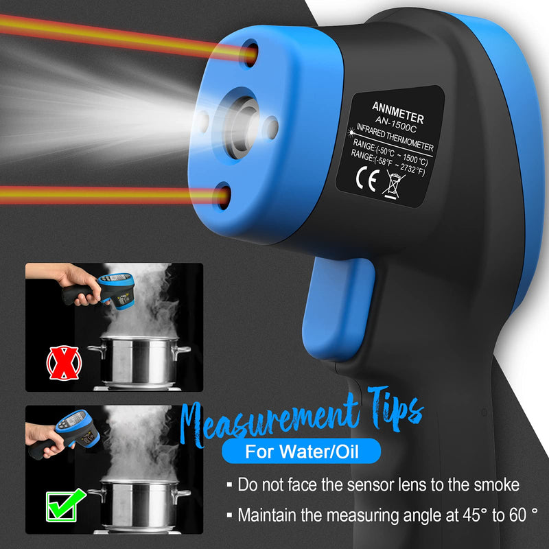 Digital Infrared Thermometer - Non Contact High Temperature Gun ANNMETER AN-1500 Infra Pyrometer Temp Gauge -58~2732℉ Handheld IR Laser Reader for Cooking Kiln HVAC (NOT for Human Temp) Blue
