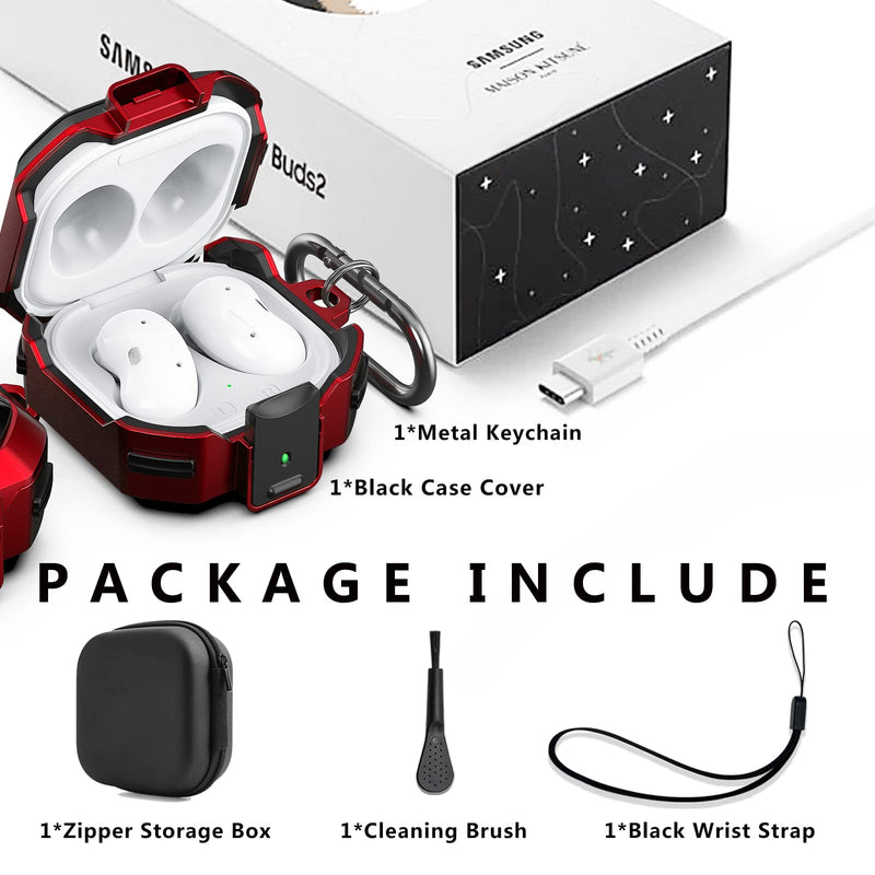 (with Security Lock) Armor Case Cover for Samsung Galaxy Buds Pro Case/ Galaxy Buds Live Case / Galaxy Buds 2 Case Cover Hard PC Shockproof Case Cover with Keychain/Straps/Cleaning Brush. (Red) Red
