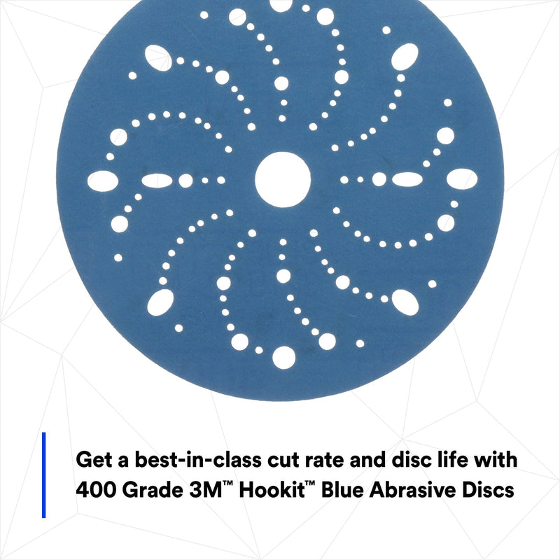 Hookit 3M Blue Abrasive Discs 36181, Multi-Hole, Primer Sanding, E-Coat Sanding, Paint Preparation, 6 in, 400 Grade, 50 Discs/Carton, One Size