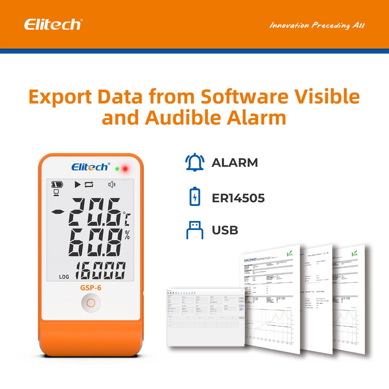Elitech GSP-6 Temperature Data Logger Temperature Humidity Data Logger 16000 Points Recording Capacity Detector, Free Software Data Export