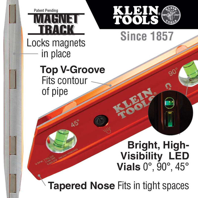 Klein Tools 935RBLT Level, 9-Inch Lighted Torpedo Level with Magnet, 3 Vials and V-Groove, Water and Impact Resistant, For Conduit Bending