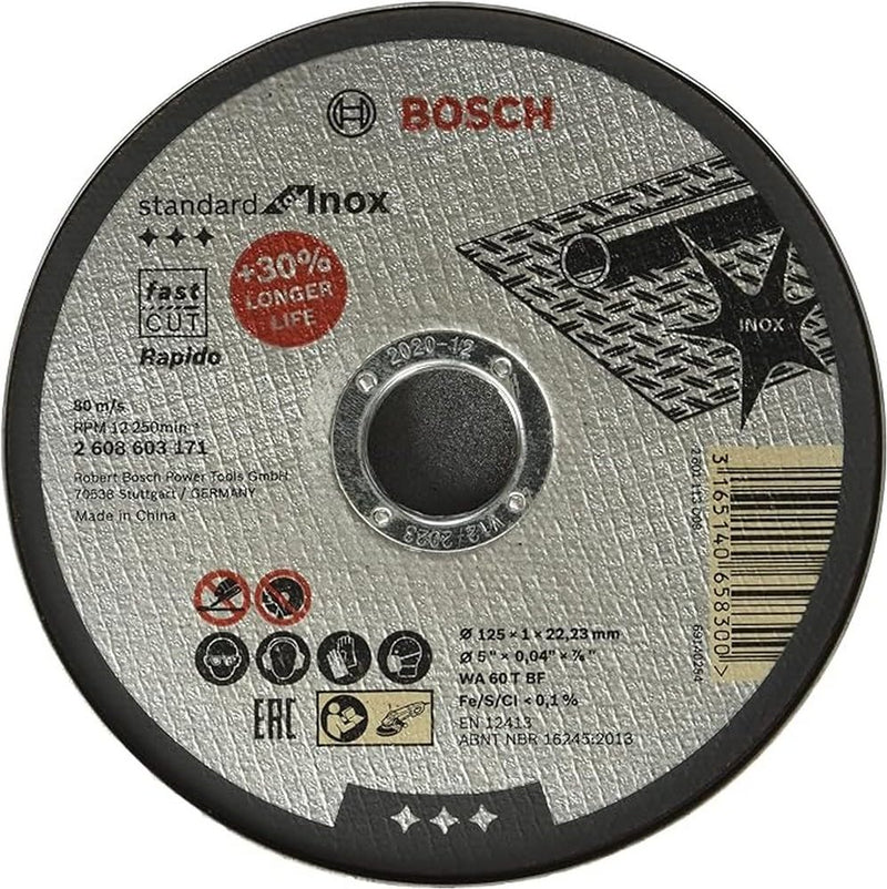 Bosch Professional 10x cutting disc straight standard for Inox - Rapido (stainless steel, WA 60 T BF, Ø 125 mm, 1.0 mm, angle grinder accessories)