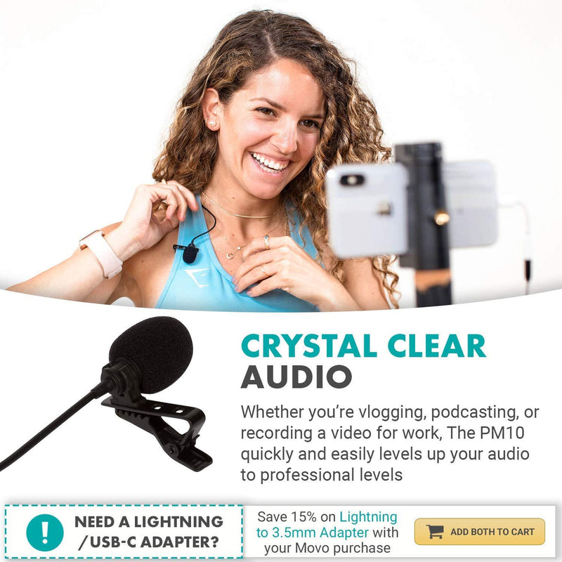 Movo PM10 Lavalier Microphone and Lapel Microphone for iPhone, iPad, Android, and Other Smartphones - Easy Clip on Microphone Perfect for Recording a Podcast, Vlog, Interview, YouTube