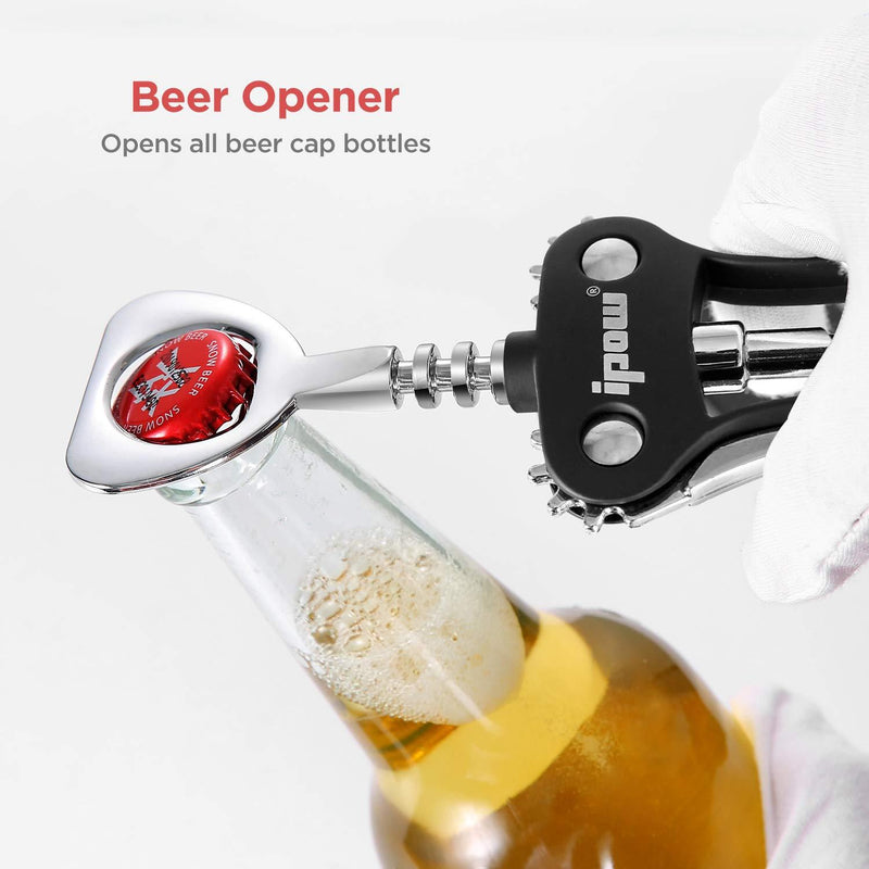 IPOW Wing Corkscrew, Multifunctional Wine Beer Bottle Opener, Wine Corkscrew for all Cork Stoppered and Beer Cap Bottles. Used in Kitchen Chateau Restaurant Bars for Wine Enthusiast and Waiters, Black