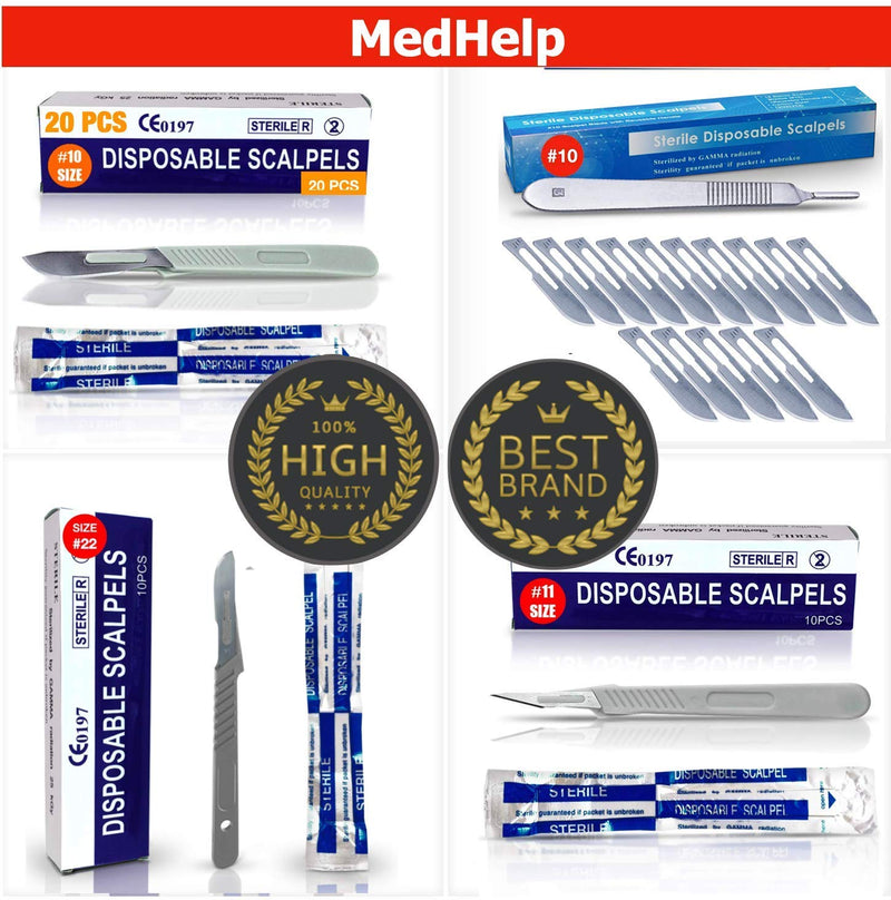 MedHelp 20 Pack Surgical Blades 11 and Stainless Steel Scalpel Handle, Size 11 Scalpel Blades, High Carbon Steel Dermaplaning Tool #11 ● Box of 20 Blades +1 Handle
