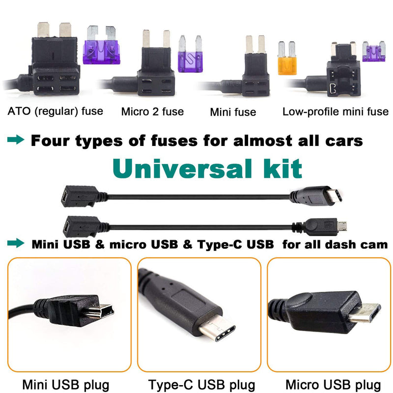 Dash Cam Hardwire Kit with Mini/Micro/Type-c Port, 4 Meter Dashboard Camera Car Charger Cable Kit 12V- 24V to 5V, Power Adapter with LP/Mini/ATO/Micro2 Fuse for Dash Cam, GPS Navigator, Radar Detector