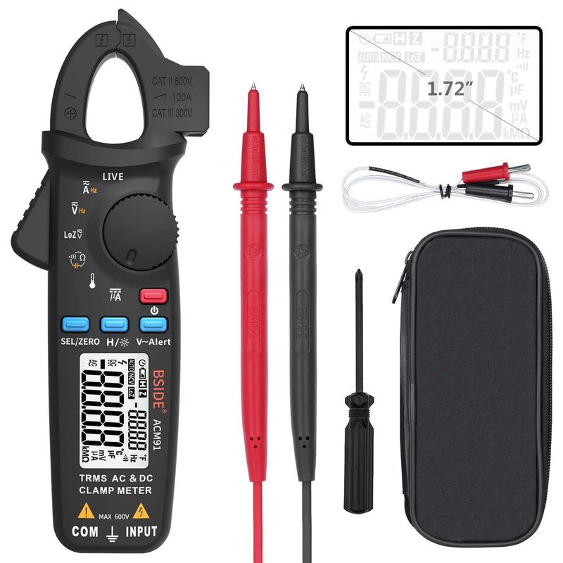 BSIDE ACM91 Digital Clamp Meter 1mA AC/DC Current True RMS Auto-Ranging 6000 Counts Meter Hz Temperature Capacitance Live Check V-Alert Low Impedance Voltage Tester Black