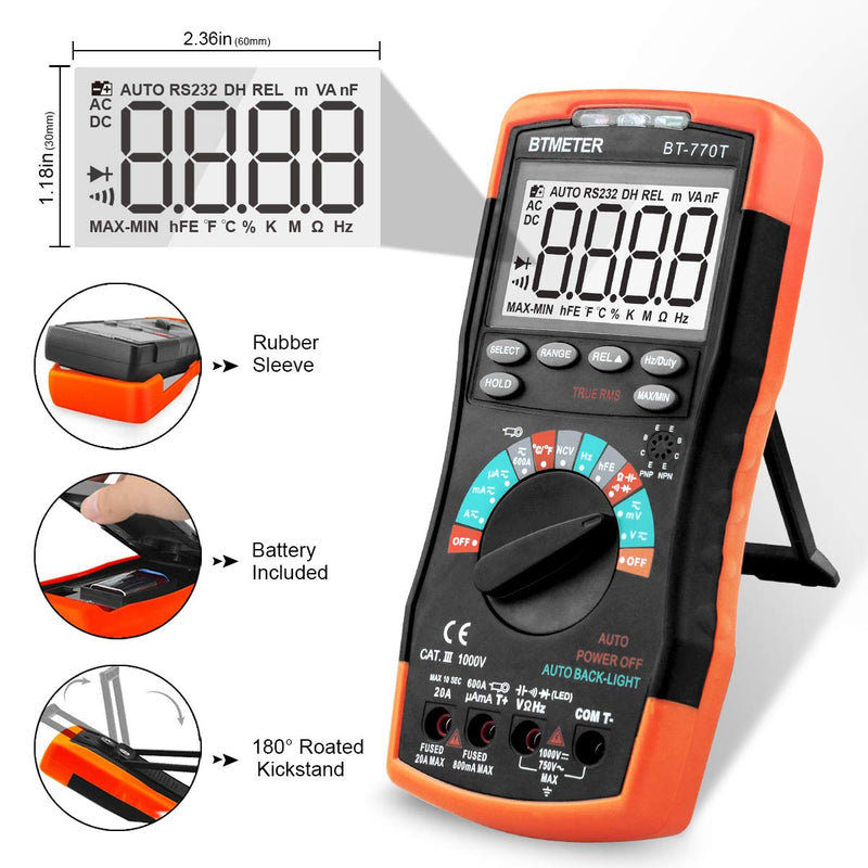 True RMS Digital Multimeter Tester 6000 Counts AC DC 20A Ohmmeter Voltmeter DMM Measure Voltage Current Amp Resistance Diodes Continuity Duty-Cycle Capacitance Temperature (BTMETER BT-770T) BT-770T Auto Ranging