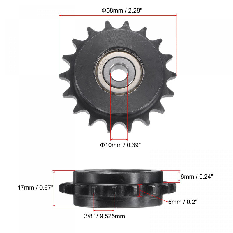 uxcell #35 Chain Idler Sprocket, 10mm Bore 3/8" Pitch 18 Tooth Tensioner, Black Oxide Finish C45 Carbon Steel with Insert Single Bearing for ISO 06B Chains