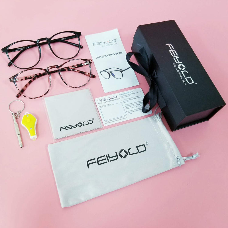 FEIYOLD Blue Light Blocking Glasses Women/Men,Retro Round Anti Eyestrain Computer Gaming Glasses(2Pack) Black+leopard