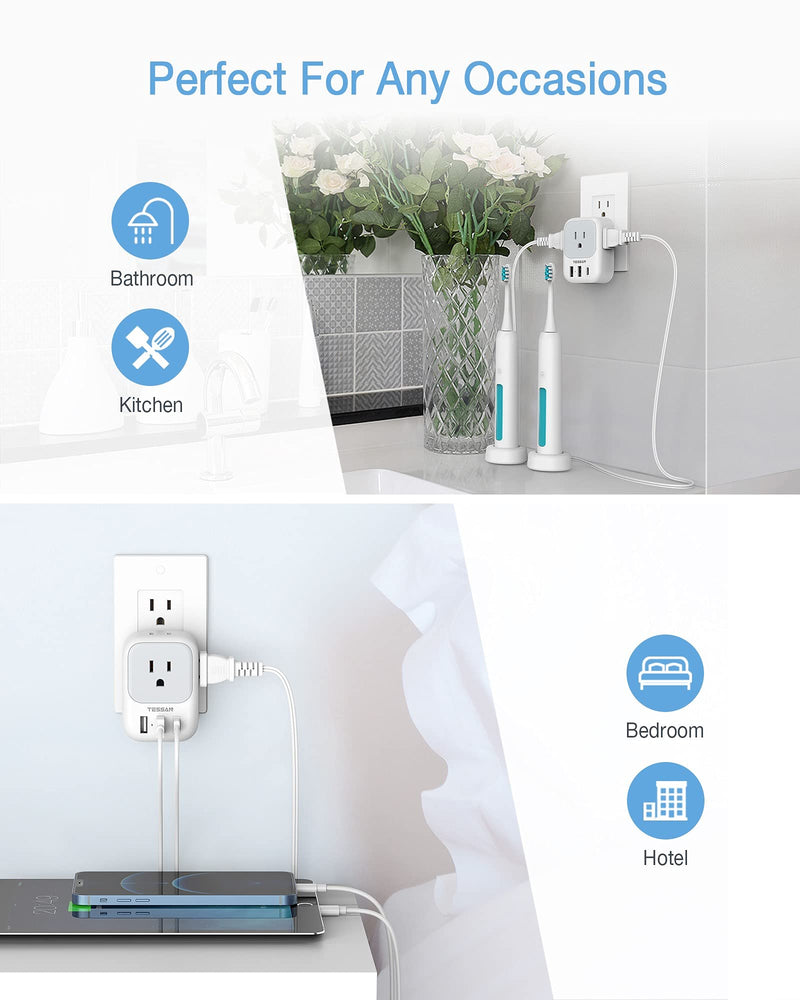 Wall Charger, USB Plug Adapter Outlet Extender, TESSAN 3 USB Ports(1 USB C Port), Multi Charging Station for Cruise, Bathroom, Office, Dorm Essentials White, Grey