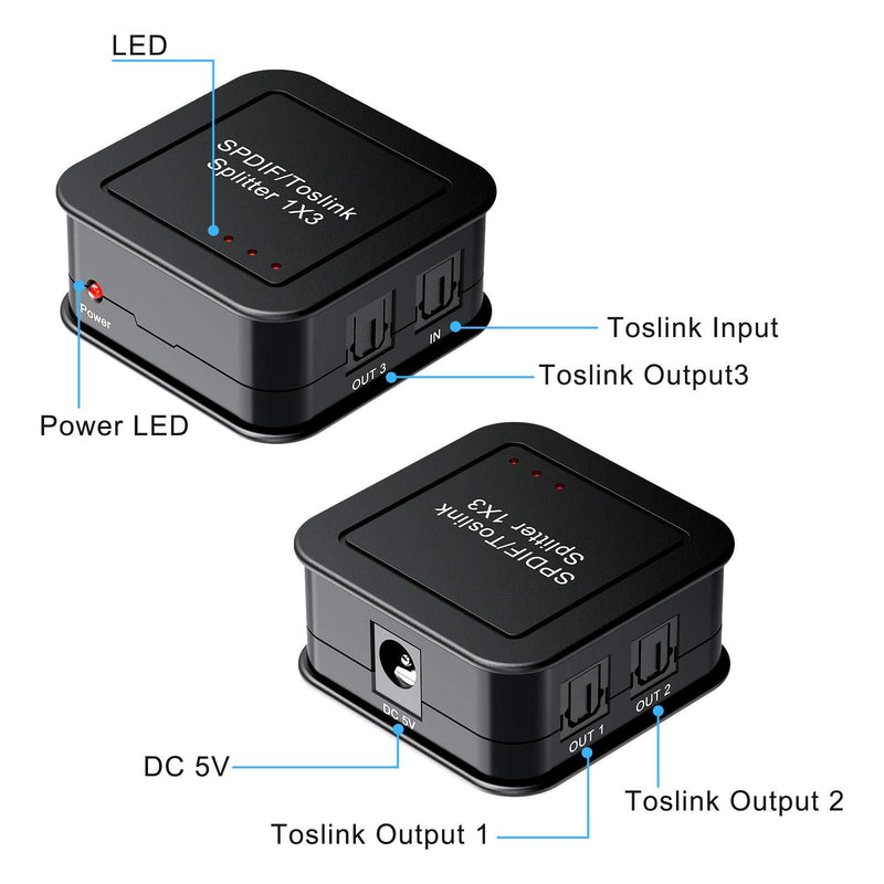 Digital Optical Audio 1x3 Splitter,Digital SPDIF TOSLINK Optical Fiber Audio Splitter,1 in 3 Out,with Optical Cable and Power Adaptor for PS3 Xbox Blue-Ray DVD HDTV …