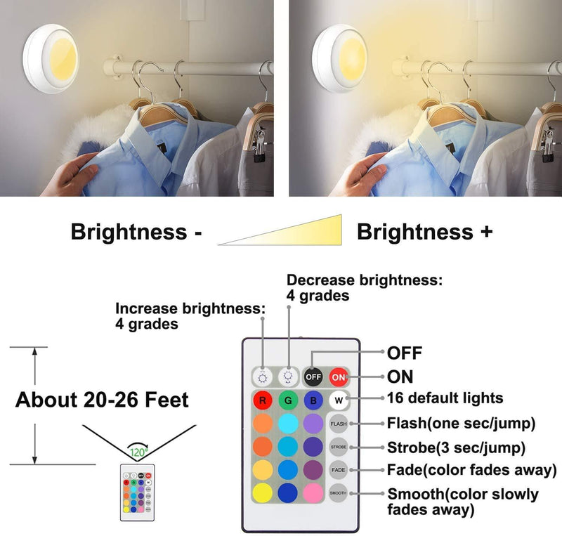 LUXSWAY Battery LED Color Puck Lights| Stick Up Push Lights with Remote| 16 Color Changing LED Fairy Lights| Wireless Tap Lights| Dimmable Under Cabinet Light| Battery Powered RGB Night Light -4Pack