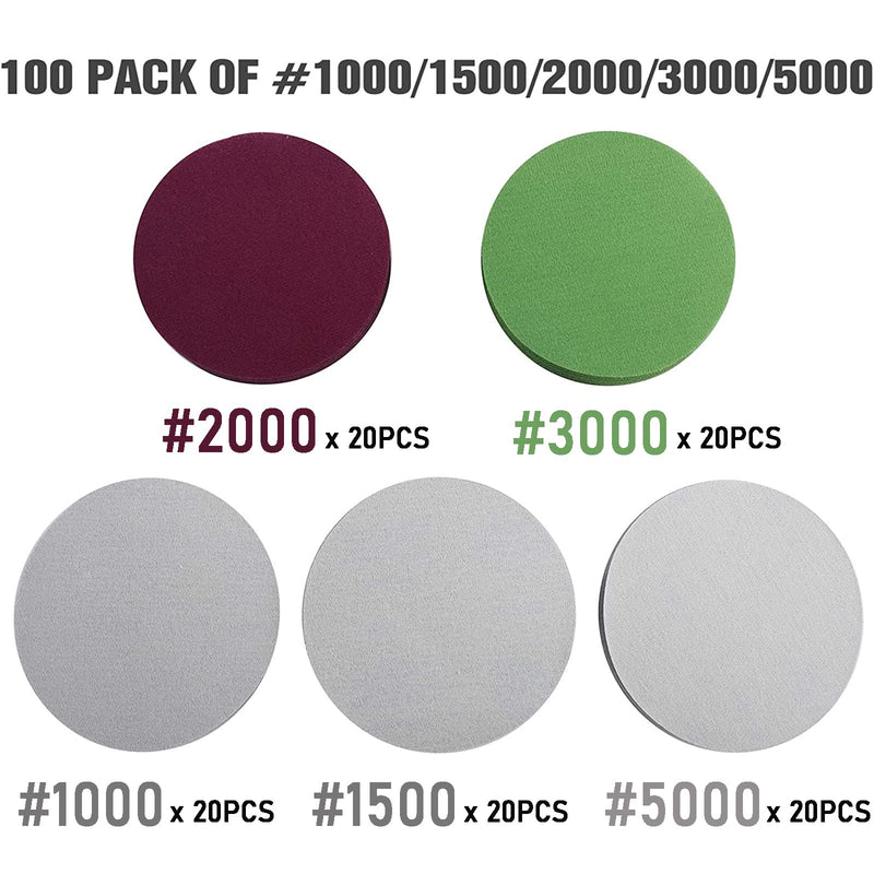 Toolly 100PCS 6 Inch (150mm) Assorted Grit High Performance Waterproof Hook & Loop Sanding Discs Sandpaper 1000/1500/2000/3000/5000 grit for Wet/Dry Sanding Grinder Polishing