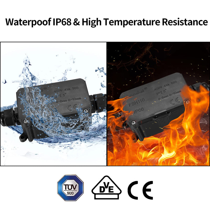 Pack of 4 IP66 waterproof junction boxes, 2-way outdoor cable connector distribution box, black extension cable junction box with PG9 screw connections for Ø3mm-8mm Ø6mm-10mm cable cable 2-way