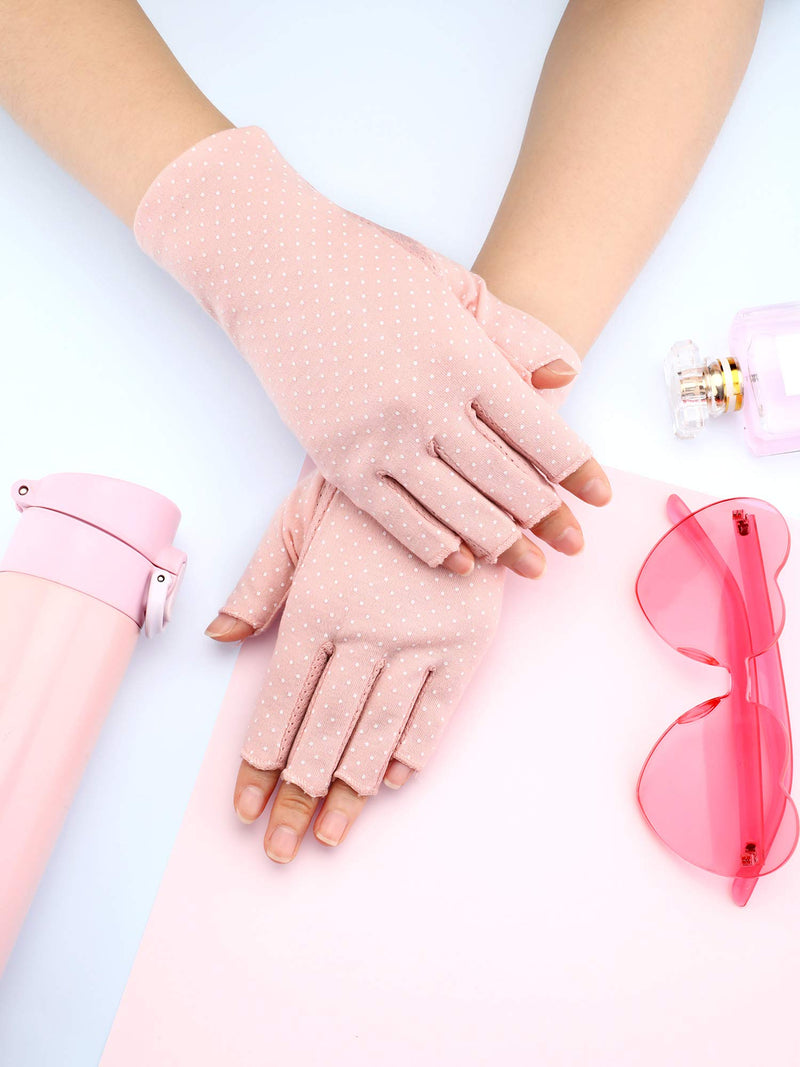 2 Pairs Sunblock Gloves Non Slip UV Protection Driving Gloves Summer Outdoor Gloves for Women and Girls Fingerless Style Pink and Khaki