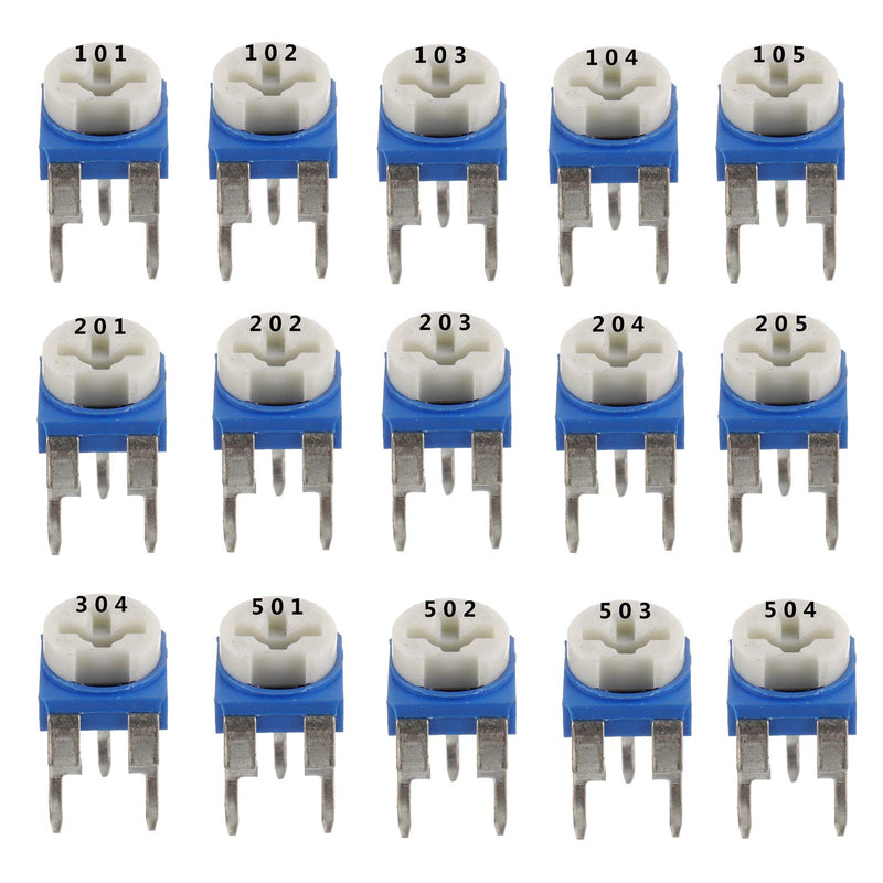 BOJACK 15 Values 150pcs 100 Ohm - 2M Ohm Variable Resistor 6mm Potentiometer Classification Suit package in a clear plastic box