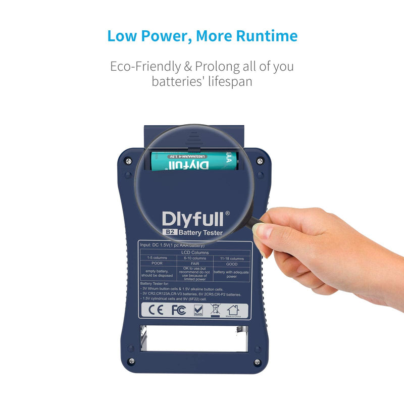 Battery Tester, Dlyfull LCD Display Universal Battery Checker for AA AAA C D 9V CR2032 CR123A CR2 CRV3 2CR5 CRP2 1.5V/3V Button Cell Batteries, 1x AAA Batteries Included