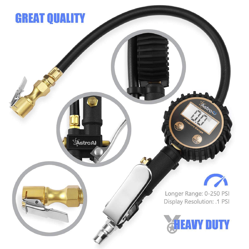 AstroAI ATG250 Digital Tire Inflator with Pressure Gauge, 250 PSI Air Chuck and Compressor Accessories Heavy Duty with Rubber Hose and Quick Connect Coupler for 0.1 Display Resolution white