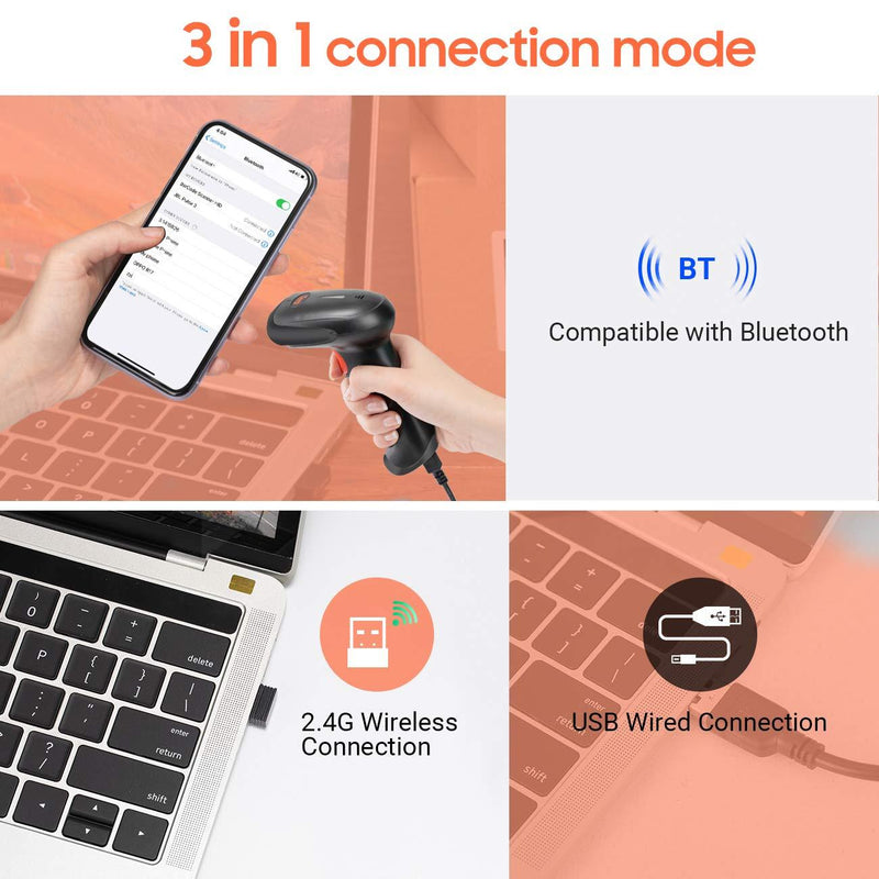 Tera Wireless 2D QR Barcode Scanner with Stand 3 in 1 Bluetooth 2.4GHz USB Wired Connect Smartphone Tablet PC with Vibration Alert Black Model HW0002