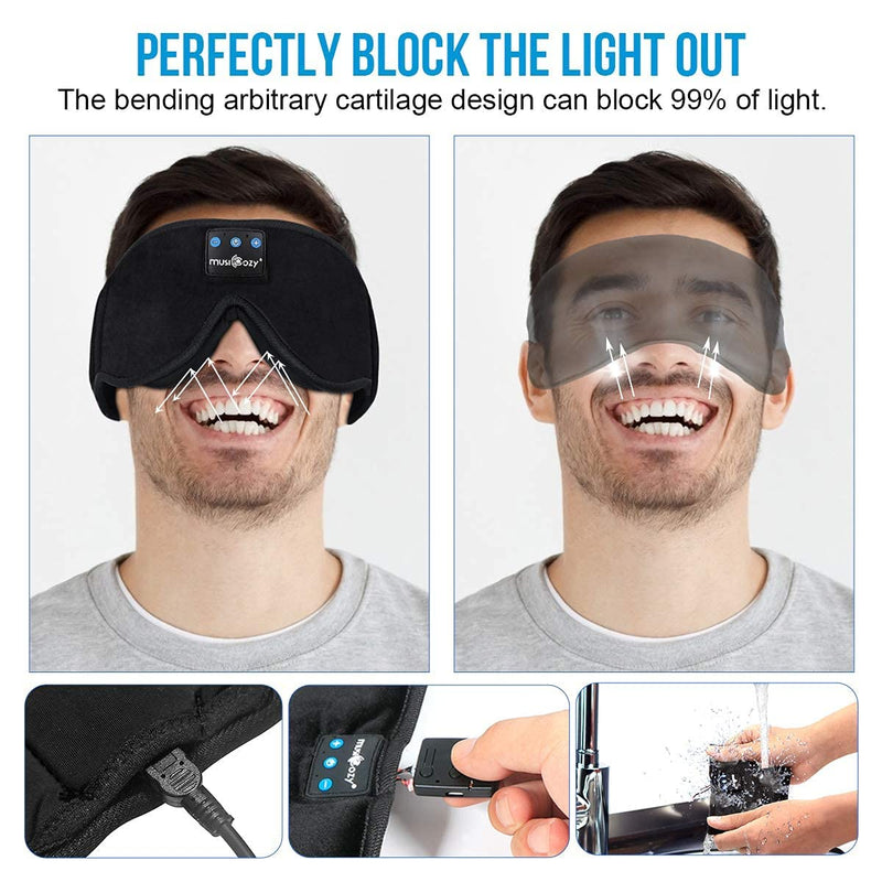 MUSICOZY Sleep Headphones Bluetooth 5.2 Headband Sleeping Headphones Sleep Eye Mask, Wireless Music Earbuds Earphones for Side Sleepers Men Women Air Travel Cool Tech Gadgets Unique Black