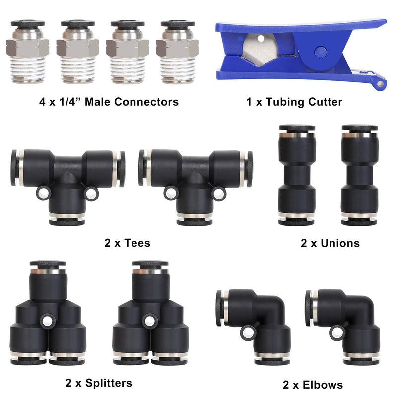 Hromee Air Line Tubing Kit, 1/4 Inch (6.35MM) OD x 32.8 Feet Polyurethane PU Tube and Push to Connect Fittings, 14 PCS Compressed Pipe and Accessories Kit Polyurethane (PU)