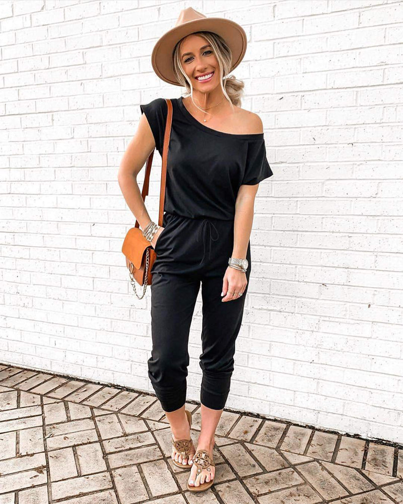 PRETTYGARDEN Women's Loose Solid Off Shoulder Elastic Waist Stretchy Long Romper Jumpsuit Black Small