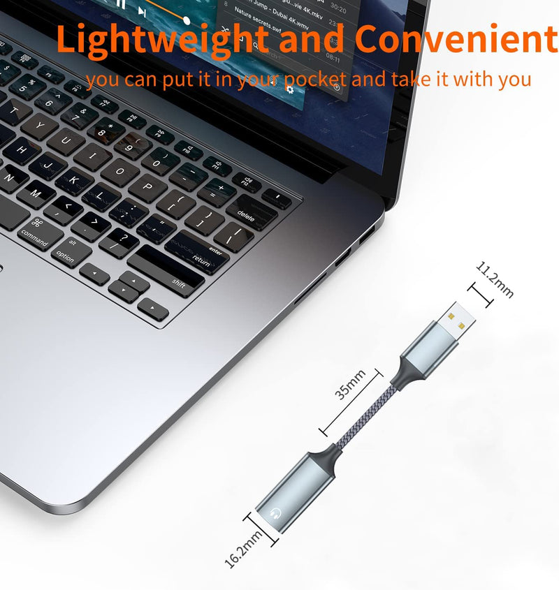 USB A to Lightning Audio Adapter Cable USB 3.0 Male to Lightning Female HiFi Audio Headphones Converter Fit with USB A MacBook Computer PC Support Volume Control Mic Nylon Braided Grey