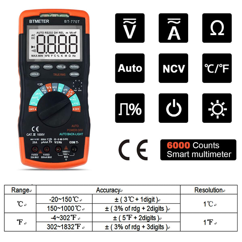 True RMS Digital Multimeter Tester 6000 Counts AC DC 20A Ohmmeter Voltmeter DMM Measure Voltage Current Amp Resistance Diodes Continuity Duty-Cycle Capacitance Temperature (BTMETER BT-770T) BT-770T Auto Ranging