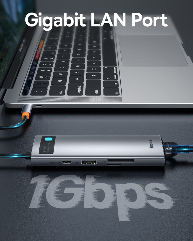 Baseus 8-in-1 USB C Hub Docking Station, USB C Adapter with 4K HDMI, 3 USB 3.0, TF/SD Reader, Ethernet, 100W Power Delivery Compatible with MacBook Pro, Surface Pro, iPad Pro and Other Type C Devices 8 Ports