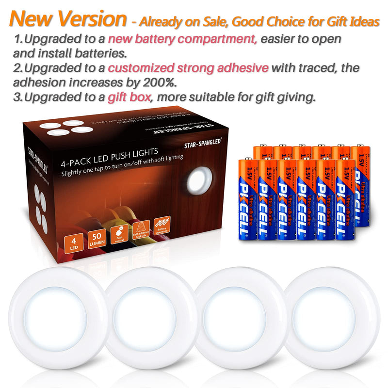 Tap Light, Push Lights, Stick on Lights Battery Powered Operated, Night Touch Light, Mini LED Puck Lights for Closet, Under Cabinets, Kitchen (Includes 12 AAA Alkaline Batteries, Cool White, 4 Pack) 4 Pack, Push Control, Include battery