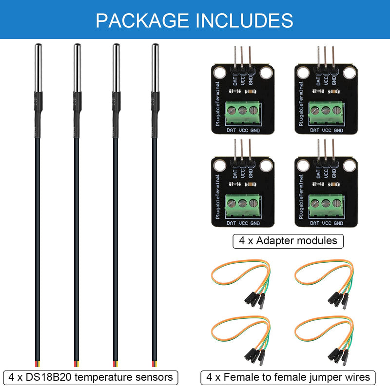 4 Sets DS18B20 Temperature Sensor Module Kit with 1 m/ 3.2 Ft Waterproof Digital Stainless Steel Probe -55 to +125 Degrees Celsius, Compatible with Raspberry Pi
