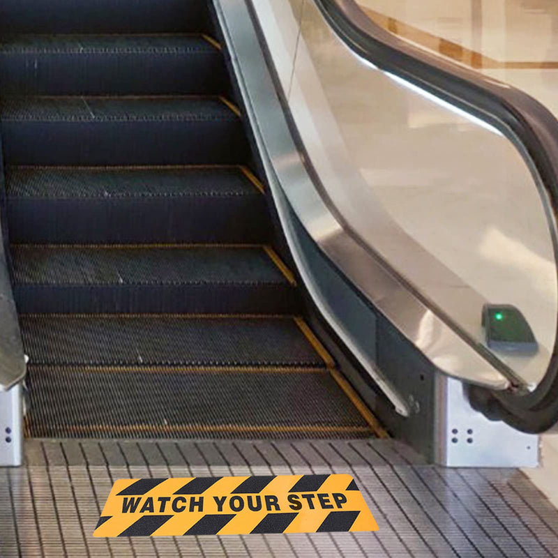Caution Watch Your Step Floor Decals Stickers, Abrasive Adhesive Anti-Slip Warning Signs, Black and Yellow Non Skid Grip Tape for Stairs Workplace Home Safety, 6x24", 4 Pack