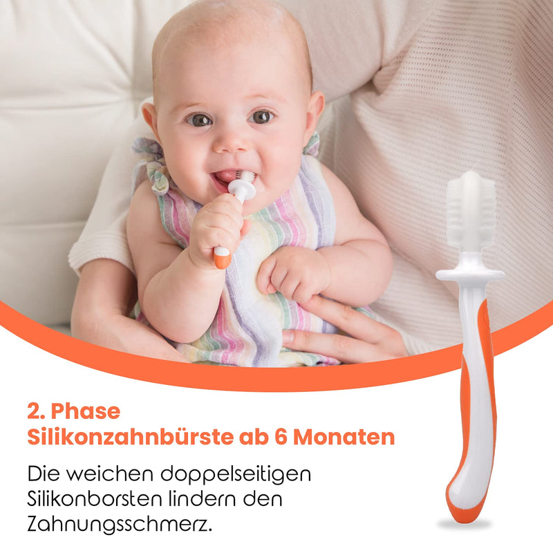 3 Piece Baby Toothbrush Set by Cherish Baby Care - with Infant Finger Toothbrush - Silicone Toothbrush & Toddler Toothbrush - Perfect Babys First Toothbrush Set (Orange) 3 Piece Set Orange