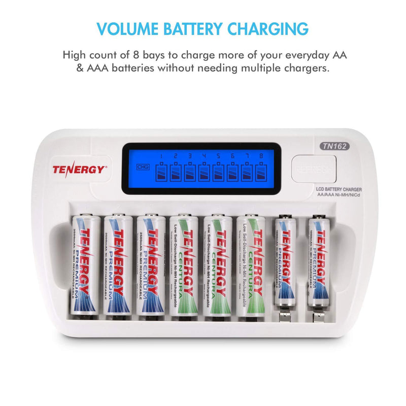 Tenergy TN162 8-Bay Smart LCD Battery Charger for Rechargeable AA/AAA NiMH/NiCd Batteries