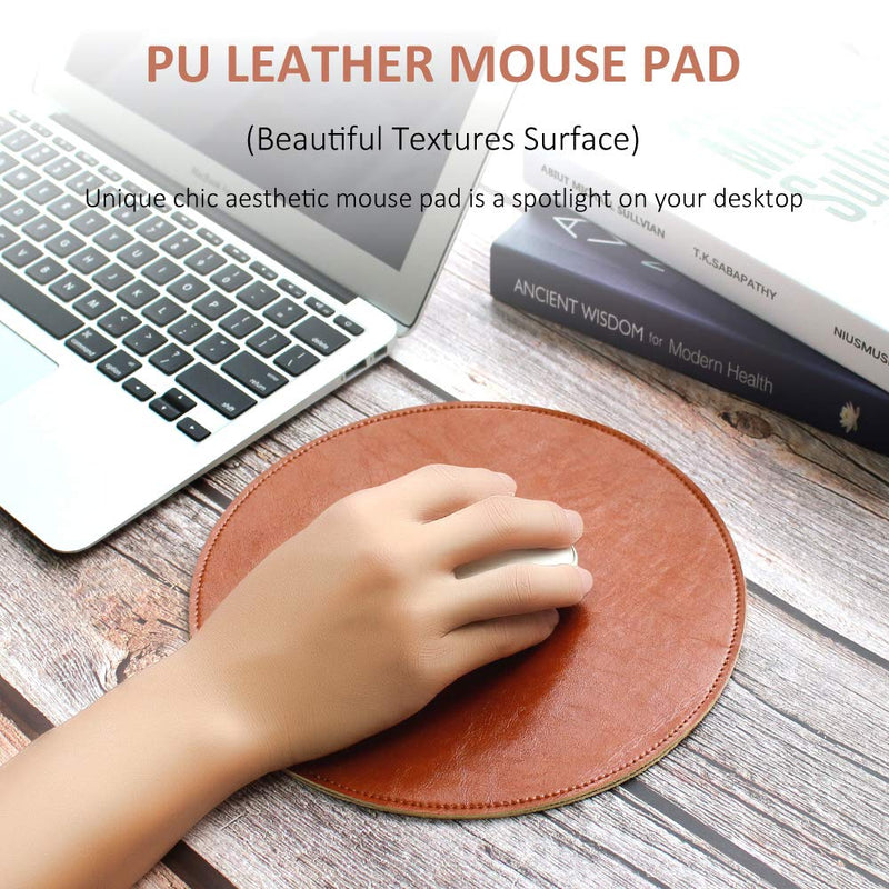 ProElife Premium Mouse Pad Mat Round PU Leather Mousepad for Home Office, for Magic Mouse/Surface Mouse and Wired/Wireless Bluetooth Mouse (Brown), Noiseless/Durable/Waterproof Surface PU leather-Brown